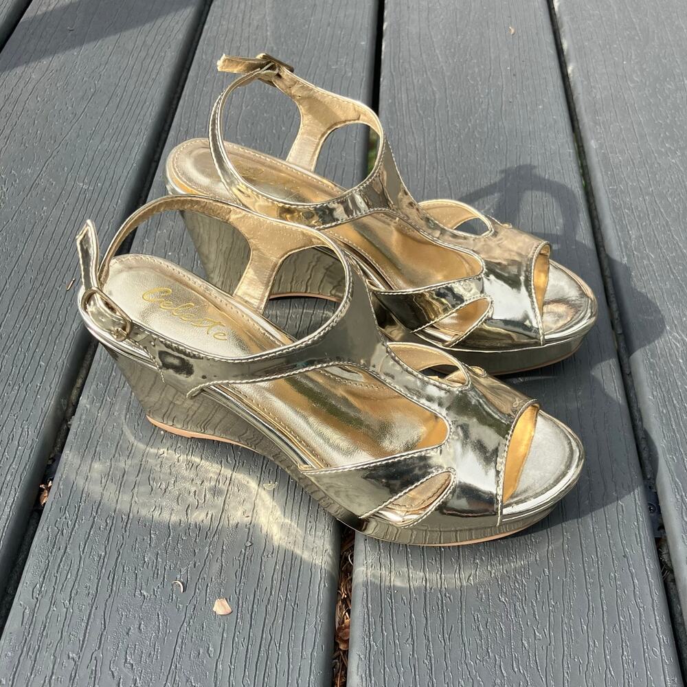 Gold strappy open toe wedge sandals, shiny reflective going out